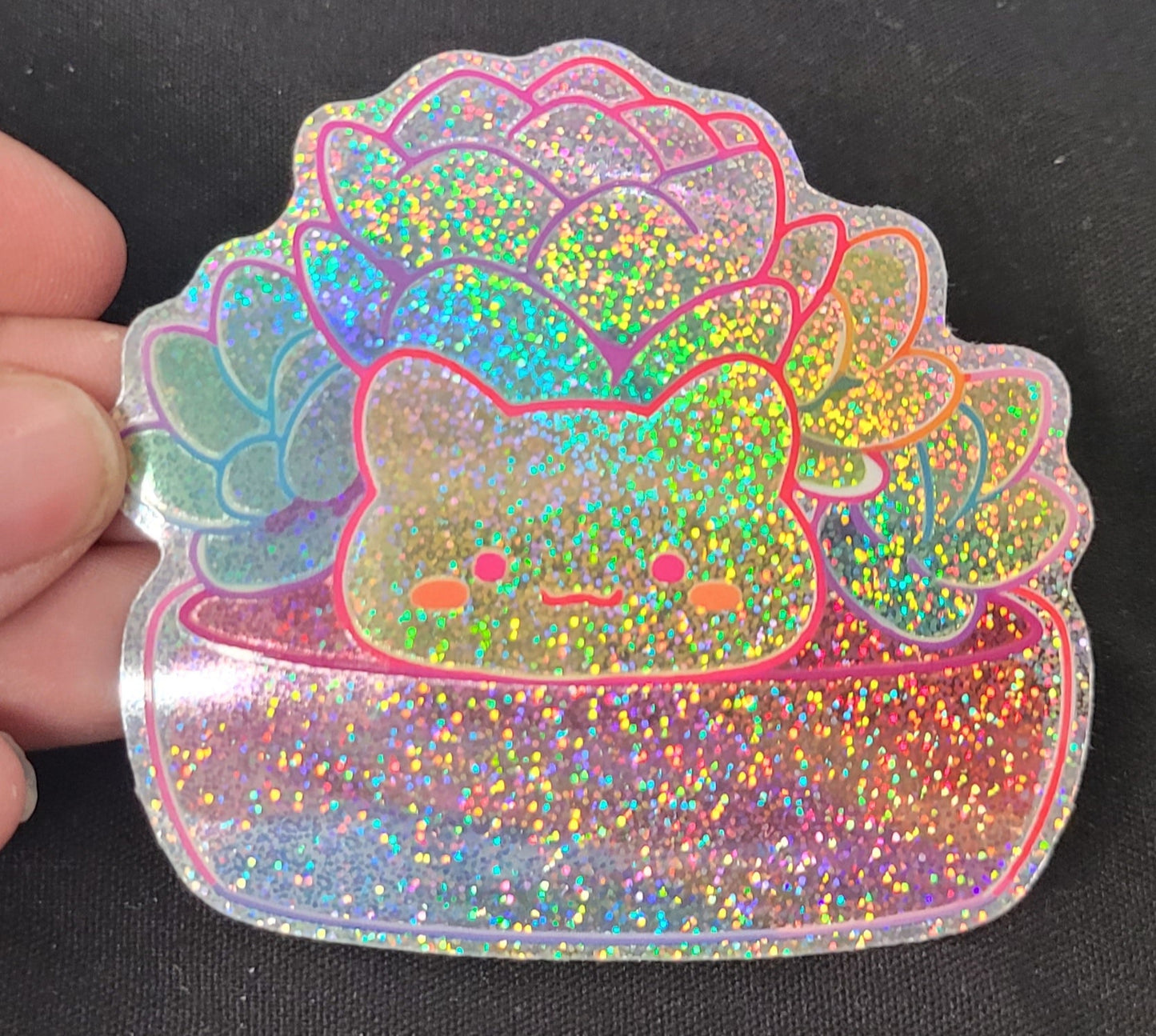 Glitter Holo Succulent Cat Sticker