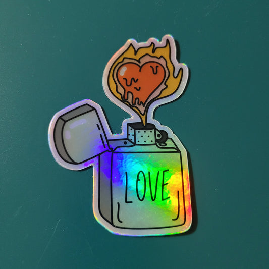 Holographic "LOVE" Lighter Sticker with Heart Flame